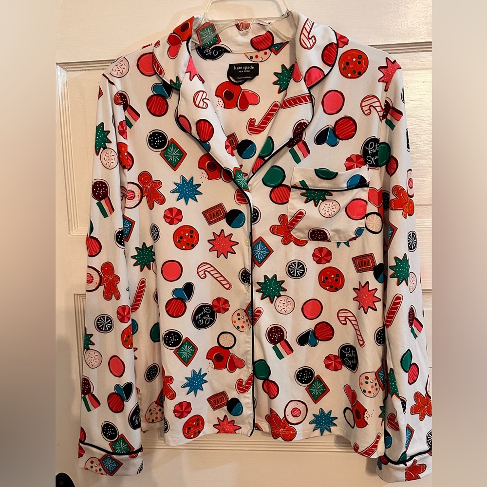 Kate Spade Holiday Cookie PJ Top small button down chest pocket long sleeve